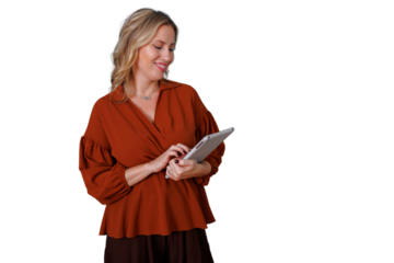 Smiling woman using a digital tablet for work or leisure, connecting with technology. Transparent background