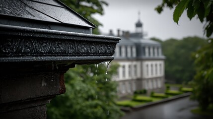 Raindrops fall from an ornate gutter in front of a stately building, the scene evokes tranquility and the charm of classic architecture.
