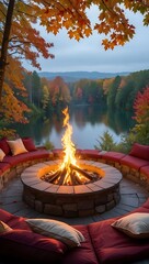 Cozy Fall Evening Bonfire by the Lake with Autumn Leaves
