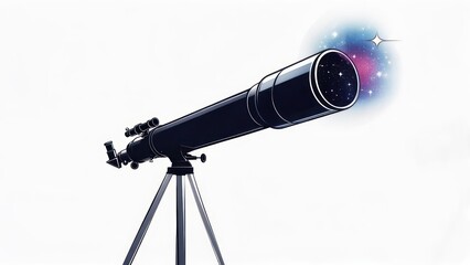 Illustration depicts a black telescope pointed at a stylized star cluster against a white background