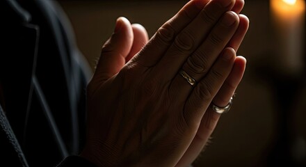 Hands clasped in prayer, illuminated by a warm glow, featuring a wedding , symbolizing faith, devotion, and peace in a contemplative moment.