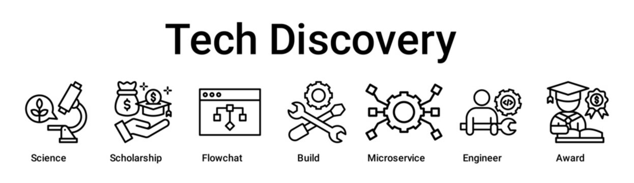 Tech Discovery banner web icon vector illustration concept for education with icon of Science, Scholarship, Flowchat, Build, Microservice, Engineer.