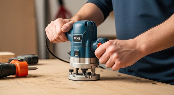Close-up of a person' hands operating a blue electric wood router on a wooden workbench, showcasing precision woodworking for a DIY or professional project.