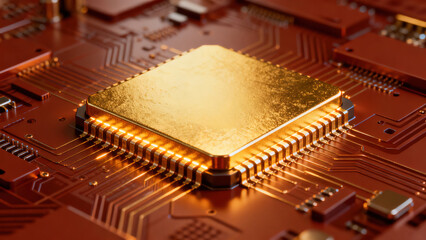 Golden Glowing Chip on Circuit Board High-Tech Device