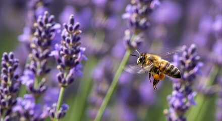 A honey bee in flight, collecting pollen from vibrant purple lavender flowers in a field.