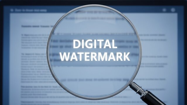 A magnifying glass shows bright digital watermark text over a calm blue tinted document screen glow digital copyright or patent