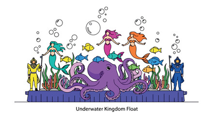 Underwater kingdom float with mermaids and sea creatures