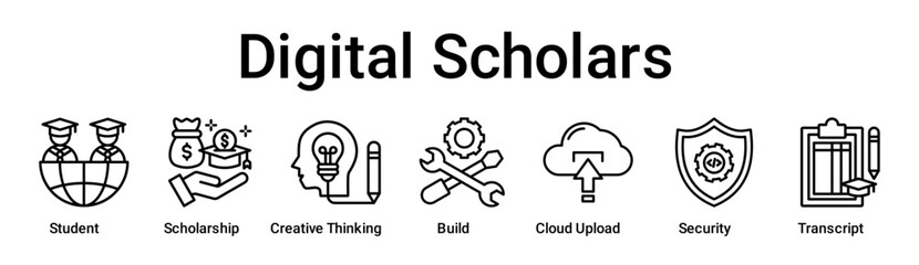 Digital Scholars banner web icon vector illustration concept for education with icon of Student, Scholarship, Creative Thinking, Build, Cloud Upload, Security.