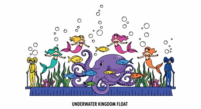 Underwater kingdom float with mermaids and sea creatures
