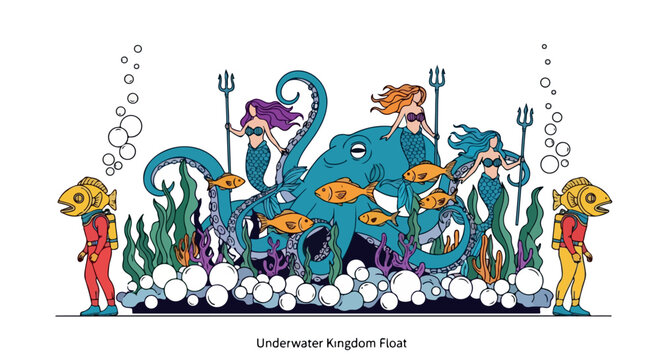 Underwater kingdom float with mermaids and octopus