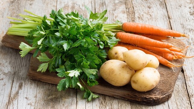 lovage. Fresh lovage herb arranged with carrots and potatoes on a wooden cutting board. menu design, packaging mockups, designed for food delivery and cloud-kitchen brand materials.