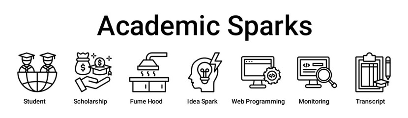 Academic Sparks banner web icon vector illustration concept for education with icon of Student, Scholarship, Fume Hood, Idea Spark, Web Programming, Monitoring.