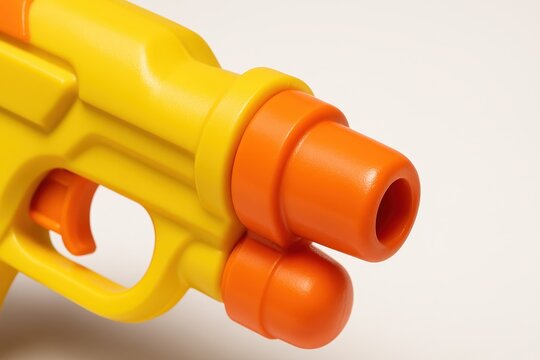 Colorful plastic water gun macro close up on white background showing trigger nozzle and barrel detail for toy summer fun and play themes