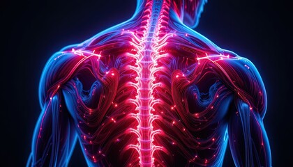 Futuristic human anatomy with glowing spine and vibrant connective tissue for cutting-edge medical research and healthcare innovation concepts