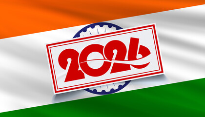 The year 2026 in bold, dynamic red typography is centered on a wrinkled white label with a red border, overlaid on a subtly waving flag of India, highlighting the Ashoka Chakra. This symbolizes events