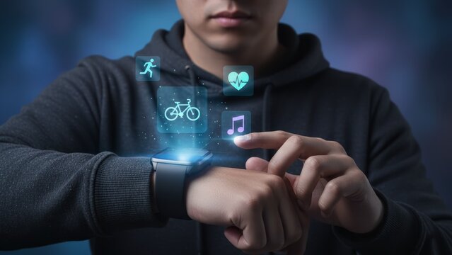 A hooded figure using a glowing smartwatch with bright fitness and music icons floating above digital copyright or patent