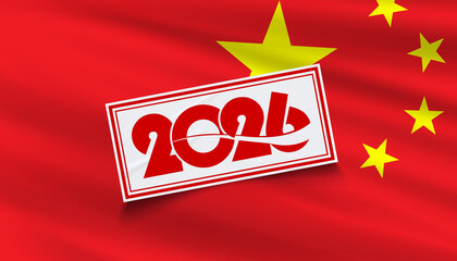 The year 2026 in bold, dynamic red typography is centered on a wrinkled white label with a red border, overlaid on a subtly waving flag of China. This design is suitable for political.