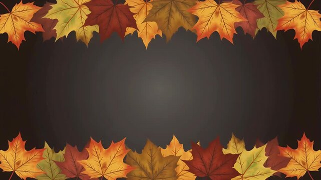 A border of colorful autumn leaves frames a dark background.