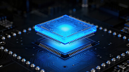 Blue Glowing Chip on Circuit Board Tech Device