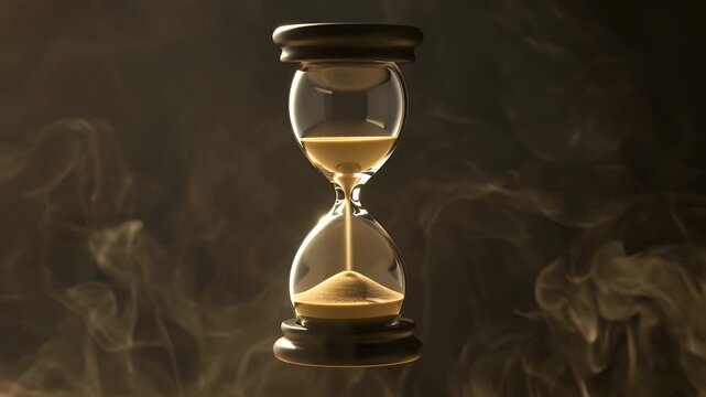 A solitary hourglass with flowing sand set against a dark atmospheric background