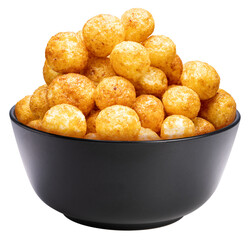 Puffed cheese balls in a black bowl on a white background, cheese balls or cheesy puffs isolated on white with clipping path, coated in a variety of flavors such as barbecue or spicy sauce PNG file