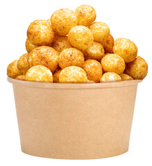 Puffed cheese balls in a paper bucket on a white background, cheese balls or cheesy puffs isolated on white with clipping path, coated in a variety of flavors such as barbecue or spicy sauce PNG file