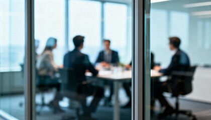 Blurred Business Meeting Behind Glass Partition - For corporate backgrounds and confidentiality themes