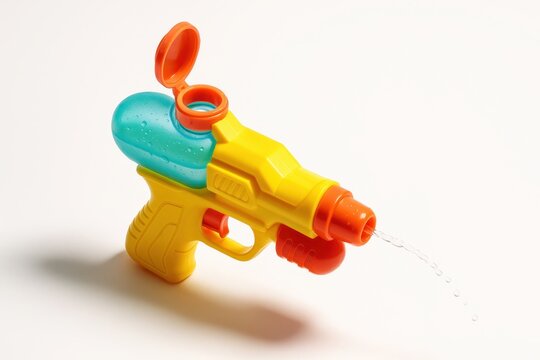 Colorful plastic water gun on white background three quarter high angle refill cap open with water beads on tank for summer play and fun
