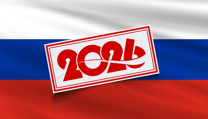 The year 2026 in bold, dynamic red typography is centered on a wrinkled white label with a red border, overlaid on a subtly waving flag of Russia. This design symbolizes events, politics, or economy i