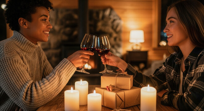 Two smiling women toasting with red wine and gifts by a warm fireplace on a cozy winter evening, conveying friendship and celebration.