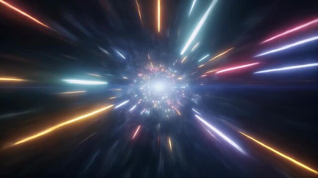 Abstract light streaks converge in a tunnel of light, suggesting hyper-speed travel.