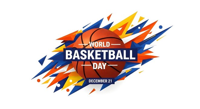 Celebrate World Basketball Day December 21 with dynamic orange ball and abstract geometric shapes for posters, social media, and sports marketing