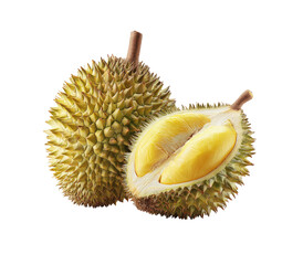 Obraz premium Spiky tropical fruit, halved, revealing creamy yellow segments
