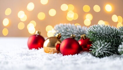 Festive Christmas scene with ornaments, snow, and bokeh lights creating warm holiday ambiance