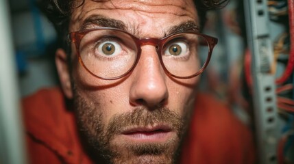 Close-up of a man with glasses looking shocked in front of electronic panel, wide-eyed with disbelief and confusion in cramped space.
