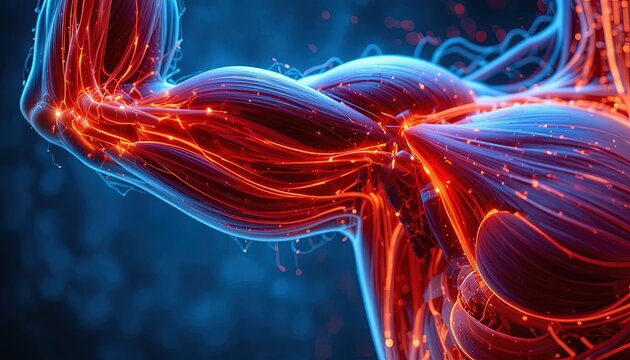 Electrifying muscle anatomy shows strength and power, ideal for fitness, medical, and technological innovation concepts with a vibrant, dynamic aesthetic