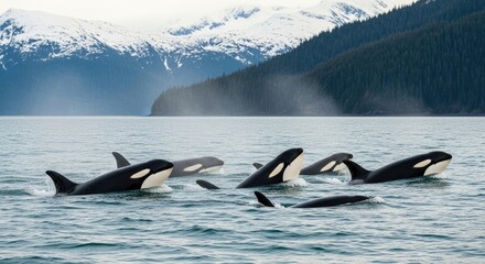 Obraz premium Pod of Orcas Surfacing in Alaskan Fjord Waters with Snow-Covered Mountains and Coniferous Forests