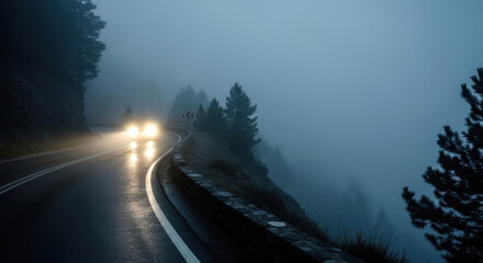 Car Driving Through Foggy Mountain Road with Headlights On