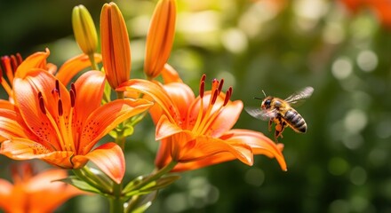 Obraz premium A busy bee flying towards a bright orange lily flower in a sunny garden, capturing a moment of pollination.