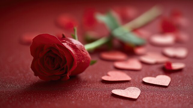 Valentine’s Day macro scene featuring a vibrant red rose with scattered paper hearts on a table against a deep red background, enhanced by warm focused lighting for a romantic concept design.