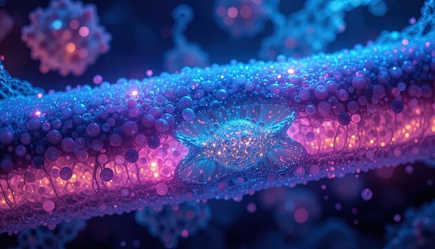 Stunning microscopic view of glowing cells, vibrant blue and pink hues for science, medical, and healthcare concepts, ideal for research and education