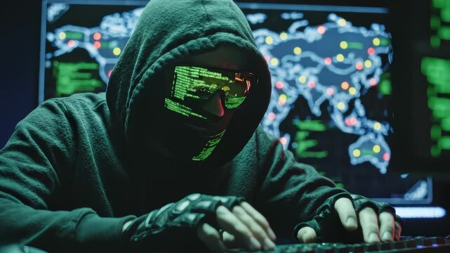 Hooded Hacker Types on Keyboard With Data Overlayed on Glasses