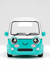 Adorable teal and white retro van with sparkling eyes and blushing cheeks