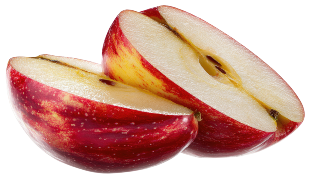 Red and yellow sliced apple halves with visible seeds and flesh