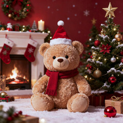 Festive Teddy Bear in a Cozy Christmas Living Room