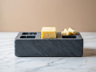 Marble butter dish with cubes of butter and a full stick