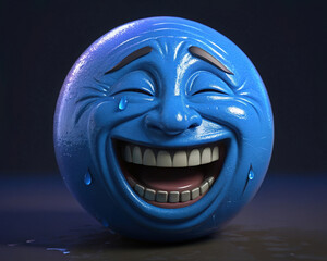 Blue emoji laughing with tears. Cartoon face of immense happiness and amusement