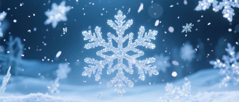 Snowfall, Snowflakes, Winter Night Sky, Macro Photography, Icy Blue Background, Closeup Viewpoint, Festive Holiday Concept for SEO