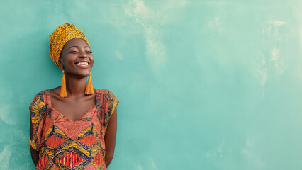 A woman smiles brightly against a teal backdrop during Kwanzaa, AI