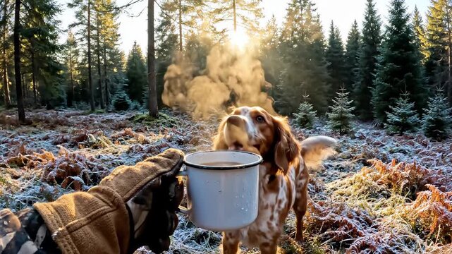 Man with hunting dog enjoying hot drink in frosty forest, cozy winter nature scene footage
